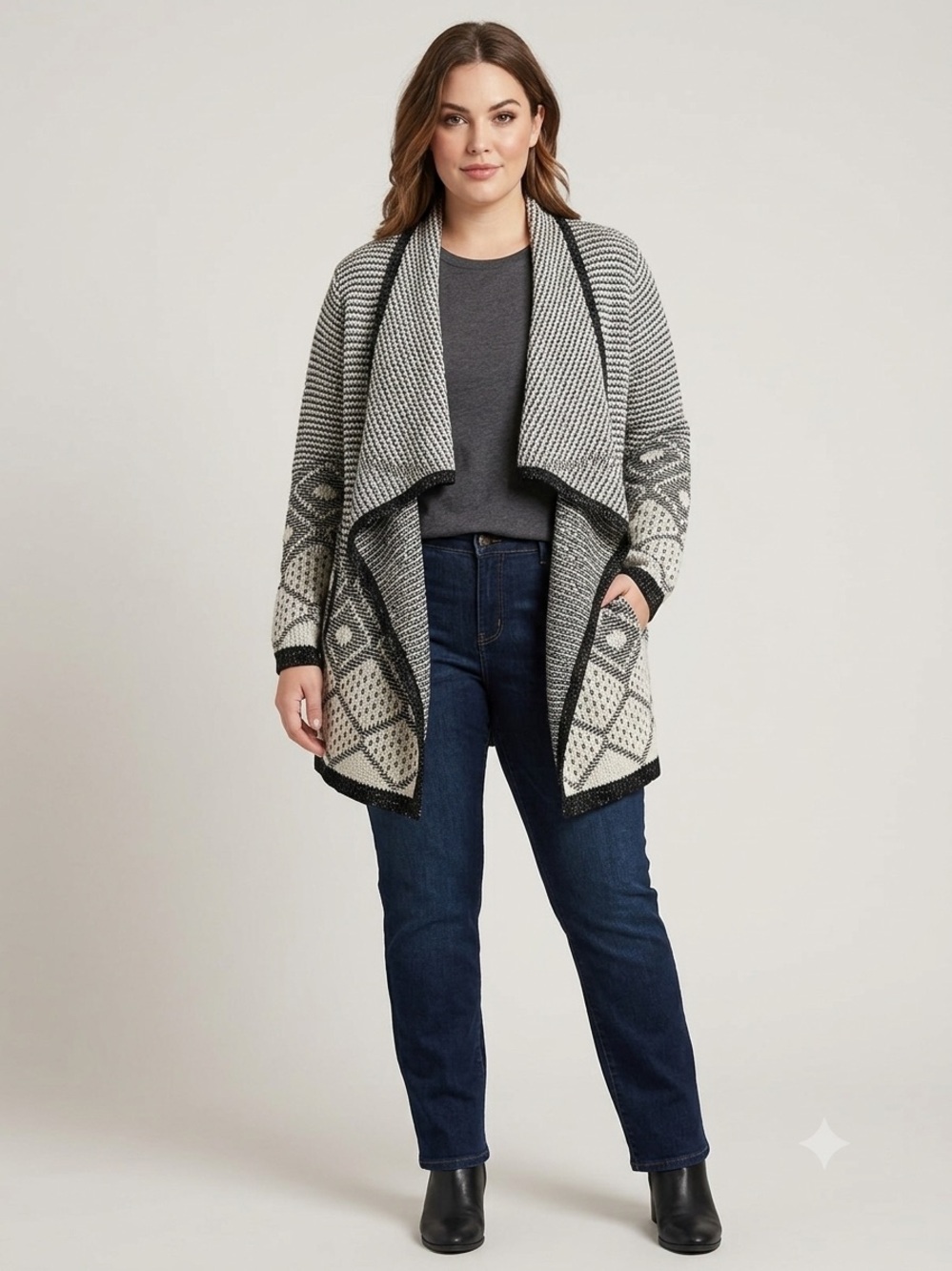 SPRING + MERCER Womens 2X Open Front Cardigan Sweater Black White Geometric Knit